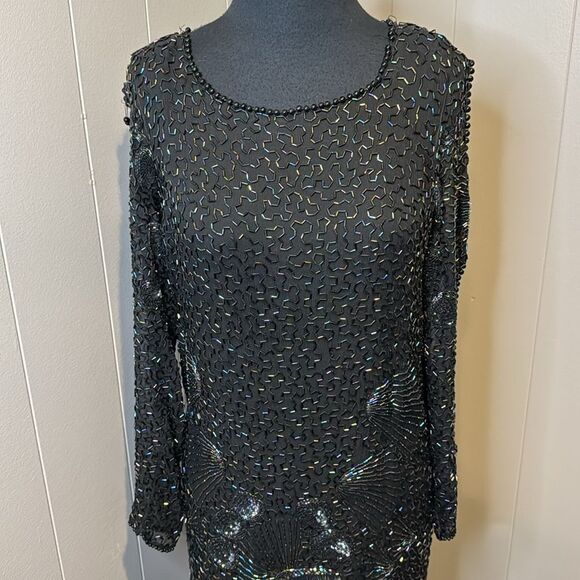 Stunning vintage beaded sequin black plung draped back neckline panel hem midi - Picture 1 of 13